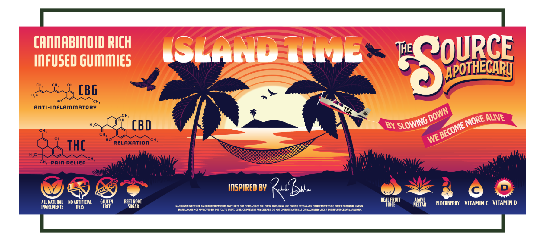 Promotional banner for Island Time cannabis gummies by The Source Apothecary featuring tropical sunset scene with TSA airplane pulling banner reading, 'By slowing down, we become more alive.'Displays all-natural ingredients and cannabinoid benefits of CBG, CBD, and THC, inspired by Rochelle Bradshaw, brand ambassador for The Source cannabis dispensary in Rogers, Arkansas.