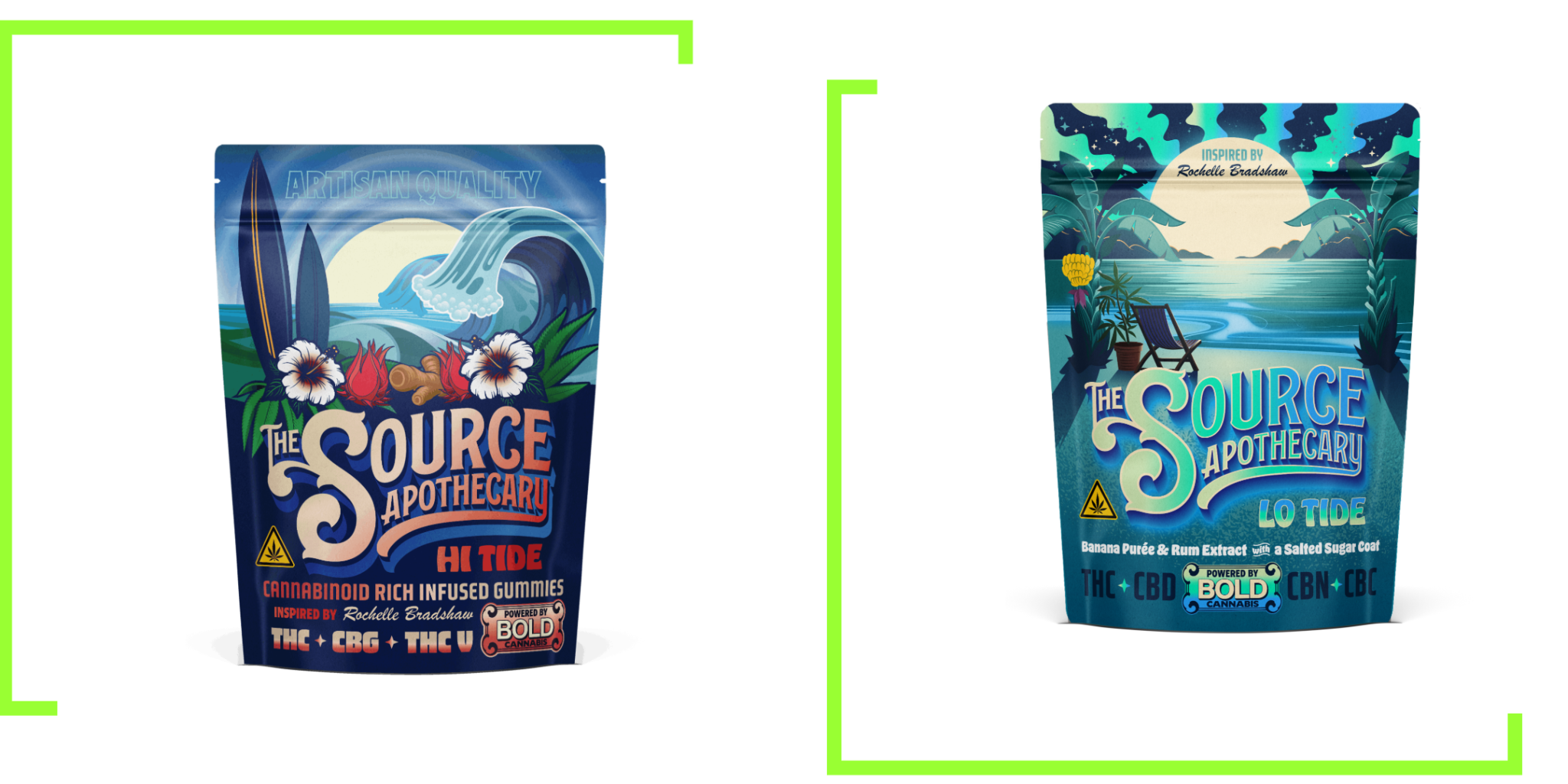 Hi Tide and Lo Tide cannabis gummies packaging by The Source Apothecary. Hi Tide features hibiscus sorrel flavors and is enriched with CBG, THC, and THCV. Lo Tide features a banana rum flavor and contains cannabinoids THC, CBD, CBC, and CBN.