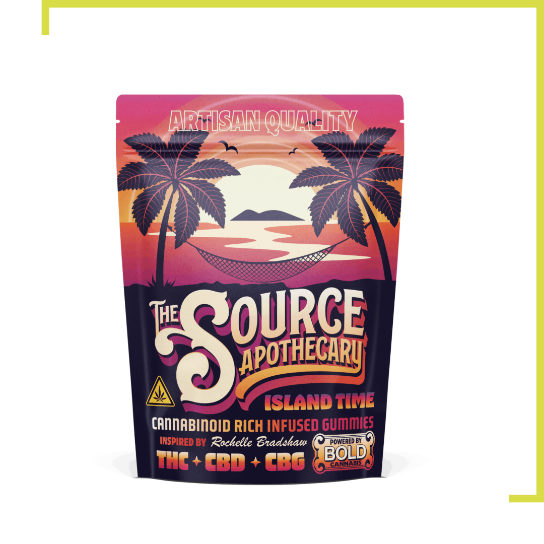 Island Time cannabis gummies product package by The Source Apothecary featuring artisan quality cannabinoid-rich infused gummies with tropical island sunset design.