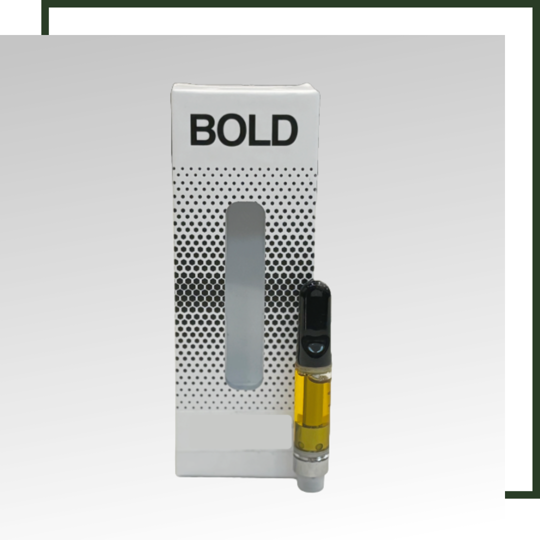 BOLD Cannabis branded live resin vape cartridge with golden oil in sleek white packaging box.