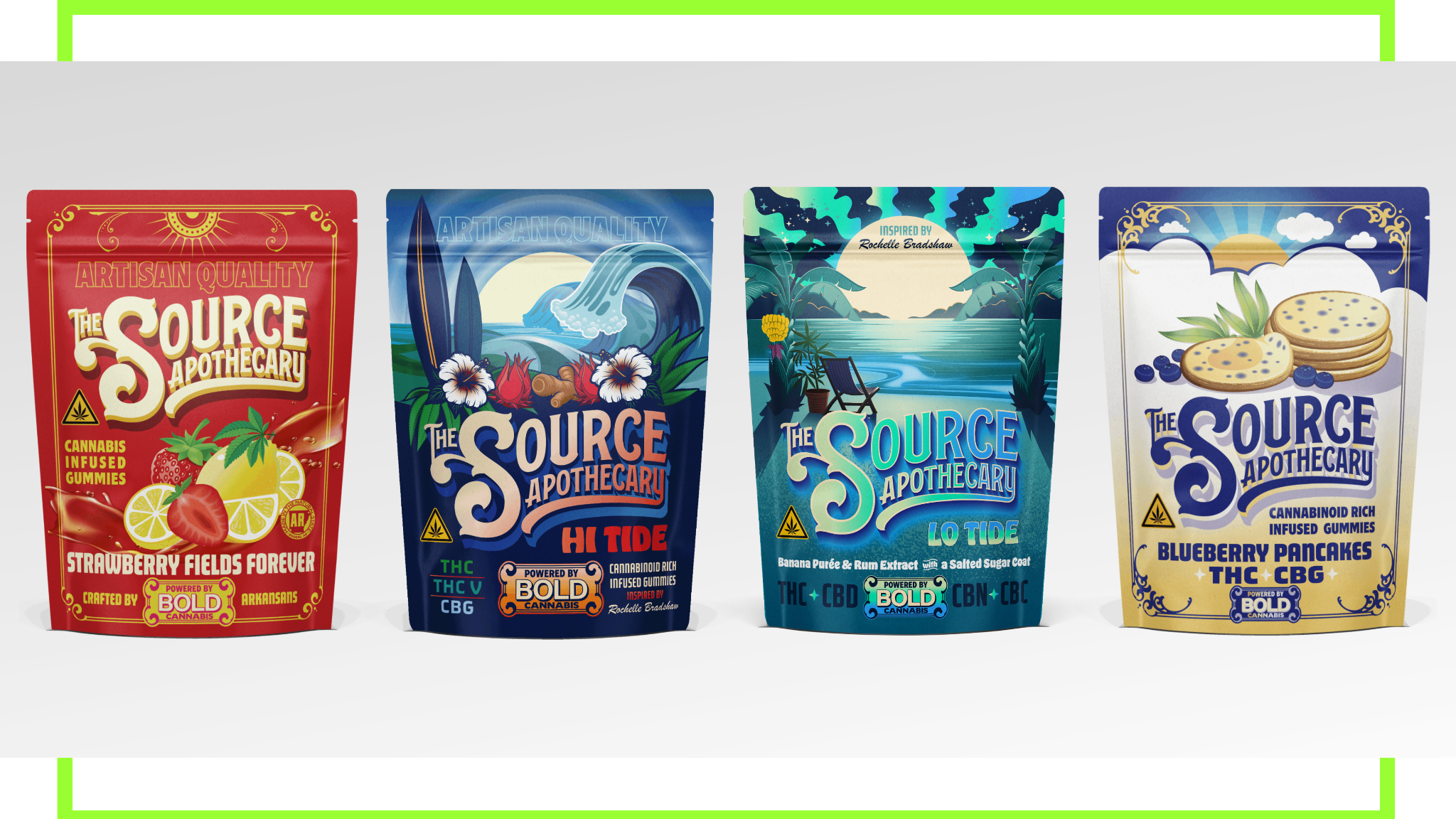 The Source Apothecary (TSA) cannabis gummies collection featuring BOLD distillate including Strawberry Fields Forever, Hi Tide, Lo Tide, and Blueberry Pancakes flavors.
