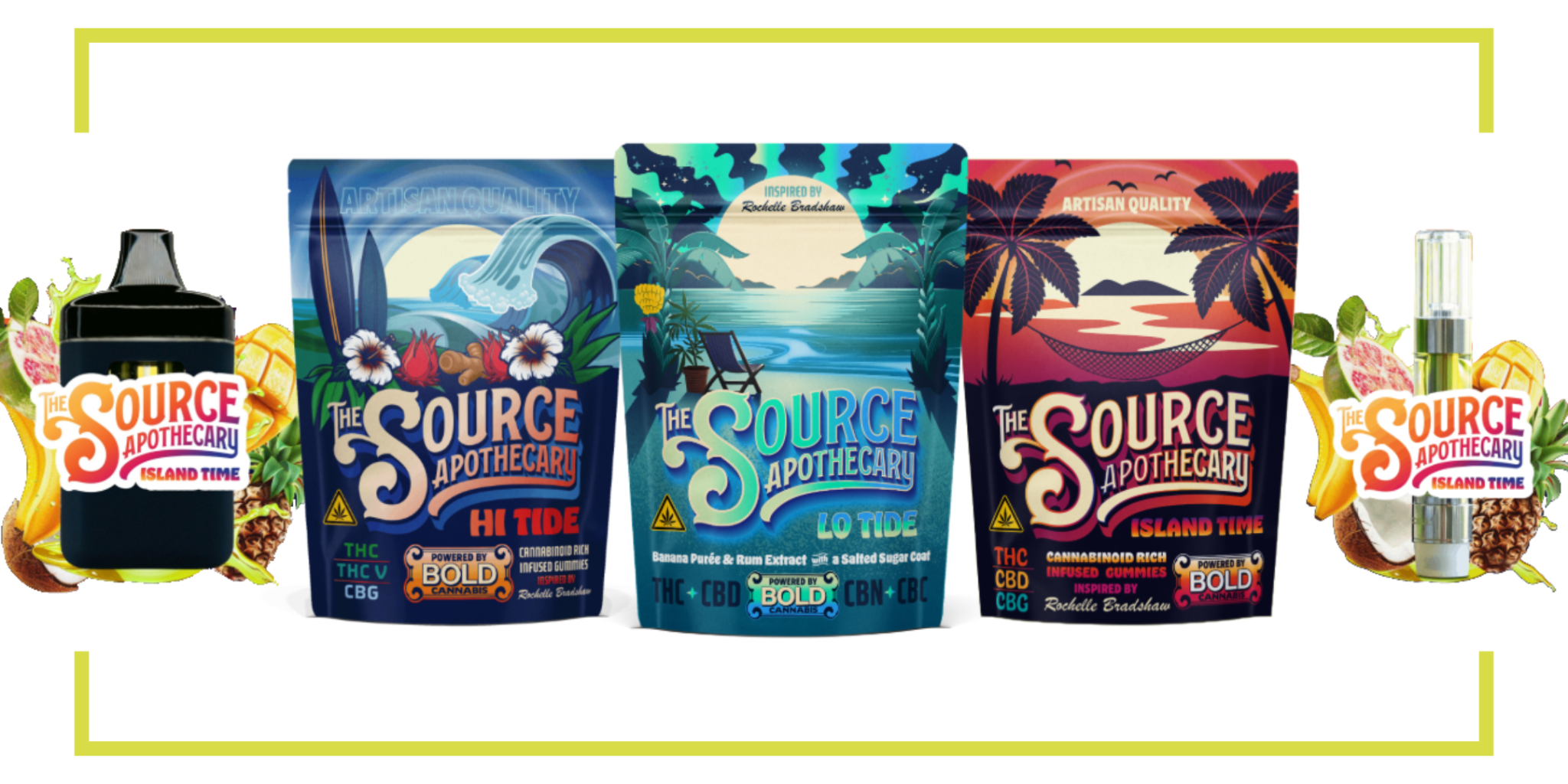 Rochelle Bradshaw’s complete Island Girl signature cannabis product collection by The Source Apothecary including Island Time, Hi Tide, and Lo Tide gummies, as well as Island Time vape cartridges featuring tropical island packaging design.